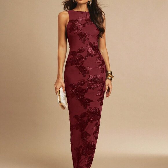 Dresses & Skirts - Burgundy Elegant Women's 3d Floral Fitted Minimalist Sexy Christmas Maxi Dress